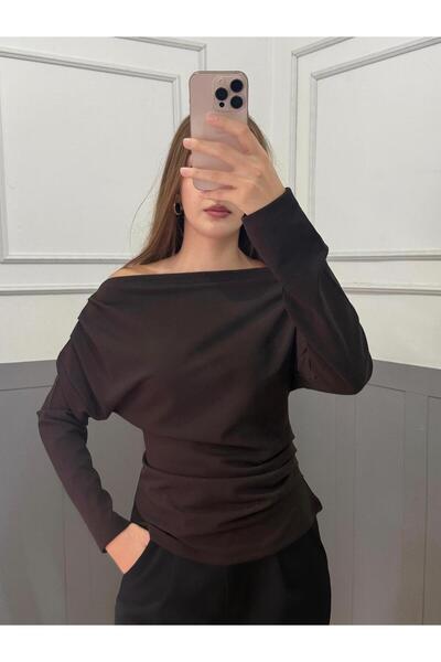 peri tower НОВ ПРОДУКТ Драпирана/набрана детайл Драпирана яка Плетена креп плат Дългоръка блуза 0031