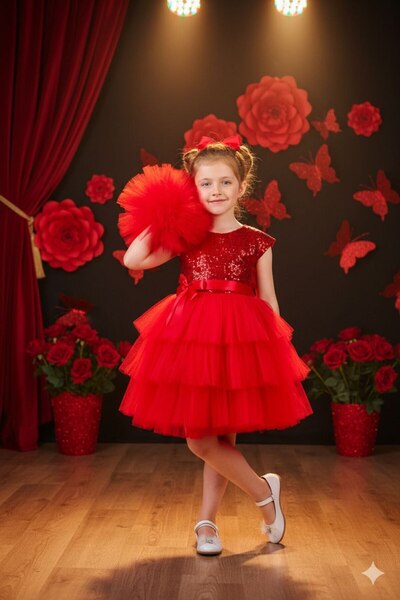 ABİYEKİDS Ponponlu Tokalı Pul Payetli Kırmızı Doğum Günü Parti Gösteri 23Nisan Mezuniyet elbisesi ABY160