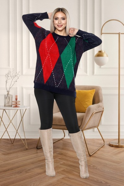Dovil Navy Blue- Red - Green Crew Neck Feathered Diamond Pattern Women's Knit...