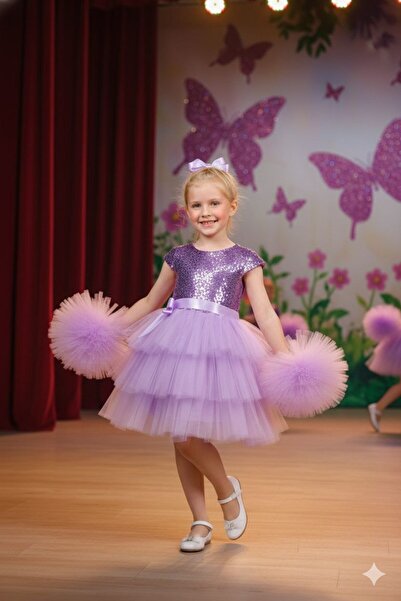ABİYEKİDS Spectacol de petrecere de aniversare liliac - Rochie de întoarcere la casă cu pompoane, cataramă și paiete cu paiete ABY160