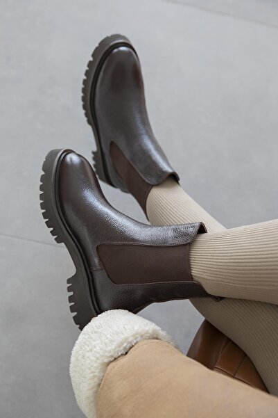 STRASWANS Matty Kadın Lastik Detay Hakiki Deri Postal Bot Kahve