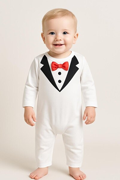 nevrankids Organic Cotton Bow Tie Double Breasted Printed Elite Jumpsuit - Ecru
