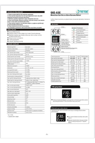 TENSE Monofaze Gerilim-Akım Koruma Rölesi (63A)