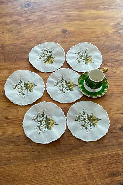 NAKIŞHAN Papatya Buket Özel Nakışlı Keten Kahve Sunumluk Peçetesi-Yeşil/Gold 6-Adet