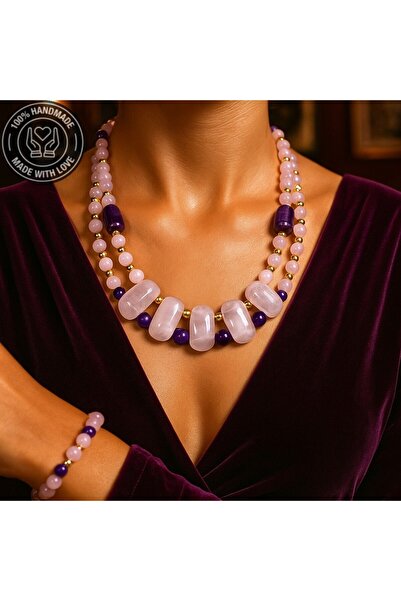 Asteria Elite Premium series Pink Quartz Agate 2 Rows Special Design Necklace Bracelet Set