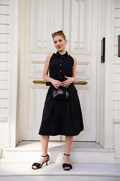 Zerenyus Μαύρο φόρεμα με πουκάμισο γιακά με ζώνη