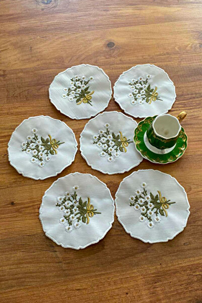 NAKIŞHAN Papatya Buket Özel Nakışlı Keten Kahve Sunumluk Peçetesi-Yeşil/Gold 6-Adet