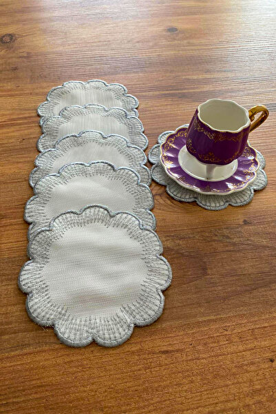 NAKIŞHAN Sunflower Special Embroidered Linen Coffee Serving Napkin-Silver 6-Piece