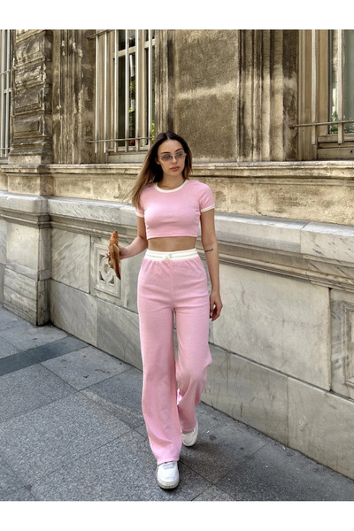 Zerenyus Pants and Piping Crop 2 Piece Set Pink