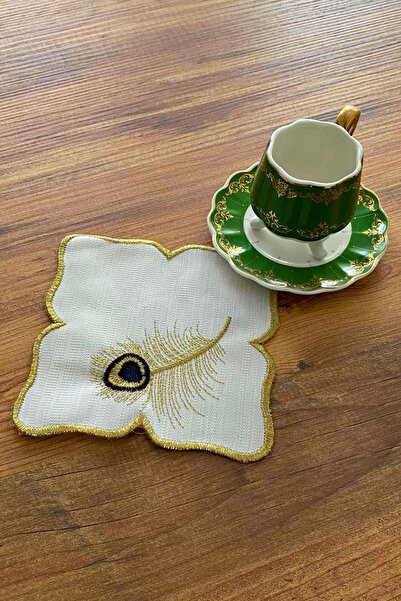 NAKIŞHAN Peacock Special Embroidered Linen Coffee Presentation Napkin-Gold/Black 6-Pieces