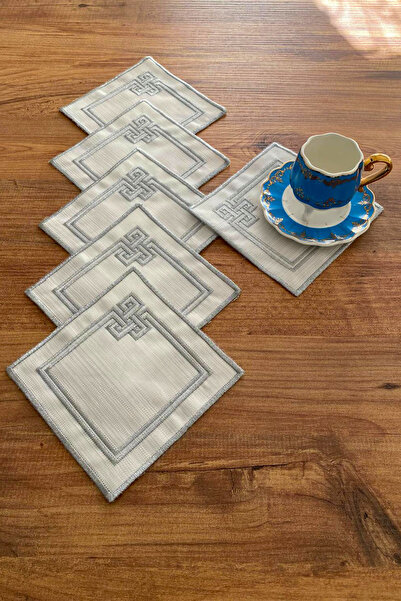 NAKIŞHAN Pearl Special Embroidered Linen Coffee Presentation Napkin-Silver 6-Pieces