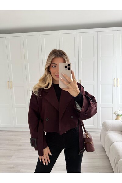 Lady Pixie Kadın Kemer Detaylı Dikişsiz Kısa Trençkot