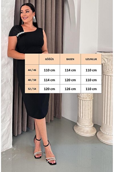 FOR ESRA BIG TREND Women's Plus Size Shoulder Satin Shirring Stone Accessory Asymmetric Collar Sleeveless Stretchy Midi Length Evening Dress