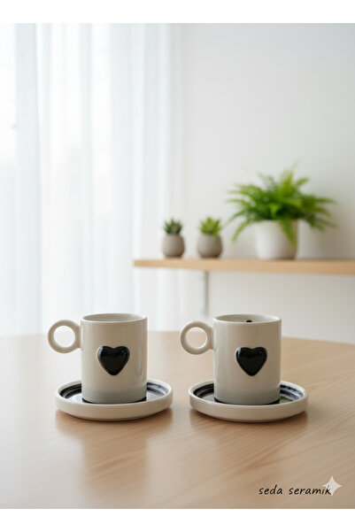 seda seramik Handmade Black Heart 4-Piece Coffee Cup Set for 2 People 110 Ml.