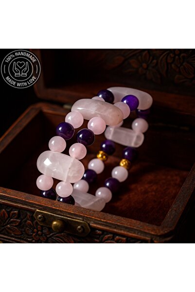 Asteria Elite Premium series Pink Quartz Agate 2 Rows Special Design Necklace Bracelet Set