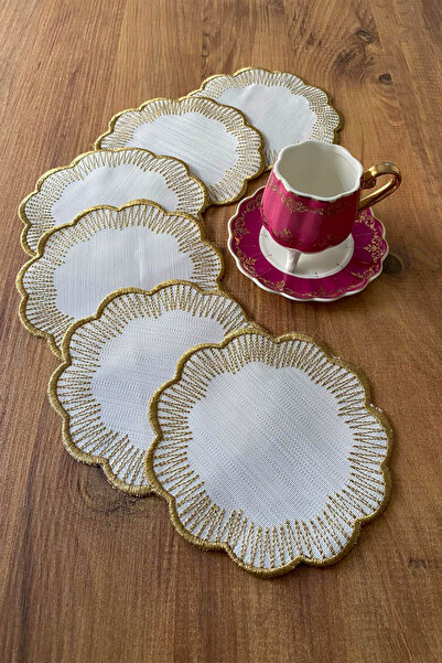 NAKIŞHAN Sunflower Special Embroidered Linen Coffee Serving Napkin-Gold 6-Piece