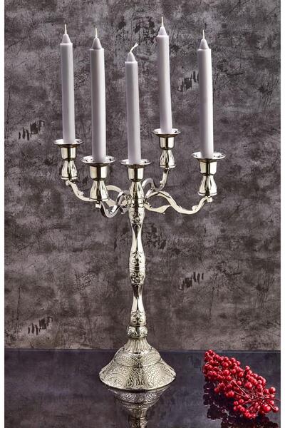 ArnaBella 5 Li Döküm Zamak Dekoratif Şamdan Mumluk Büyük Boy Dekorasyon Obje Mumluk