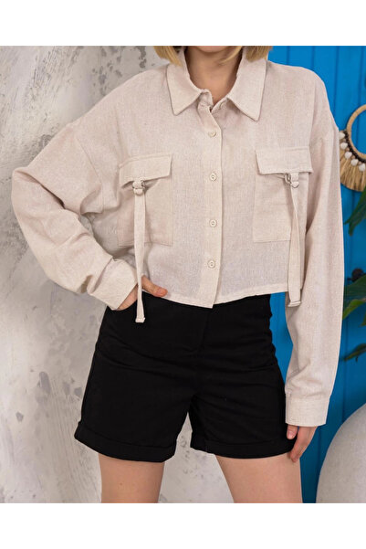 Zerenyus Belt Pocket Linen Crop Shirt Cream