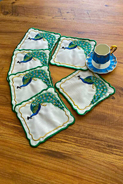 NAKIŞHAN Tavus Kuşu Özel Nakışlı Kahve Sunumluk Peçetesi-Yeşil 6/Adet