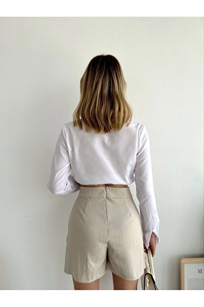 Zerenyus Chain Detailed Striped Shorts Skirt Beige