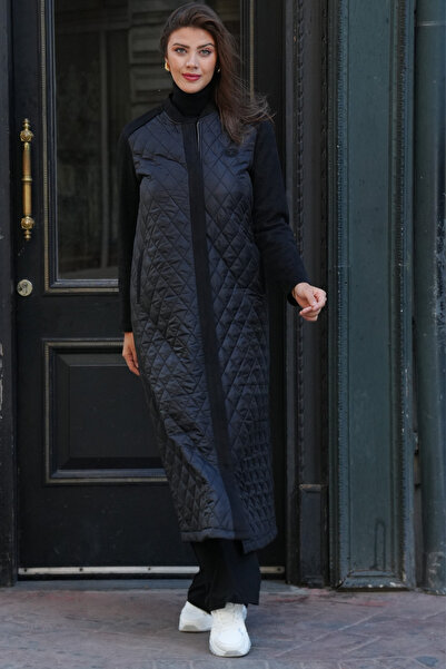 NURVELA Tam Boy Kapitone Mont – Süet Kollu Şık Kadın Mont