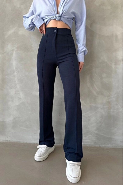 Zerenyus Lycra Striped Palazzo Crepe Imported Navy Blue Trousers