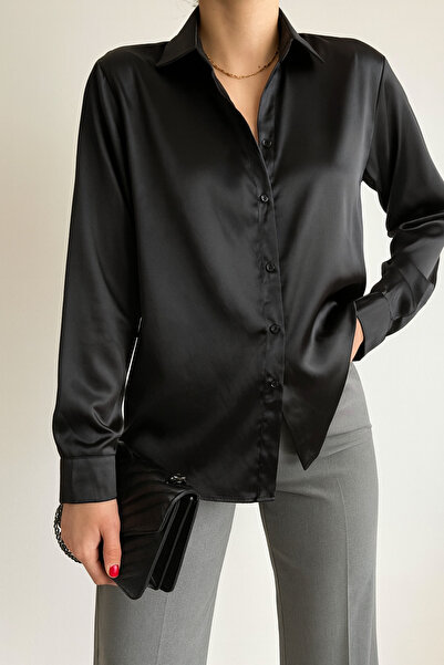 Maxi İdol Kadın Siyah Oversize Saten Gömlek
