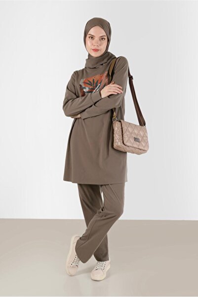 Alvina Sequined Detailed Patterned Asymmetrical Neck Two-Piece Pants Set 42369