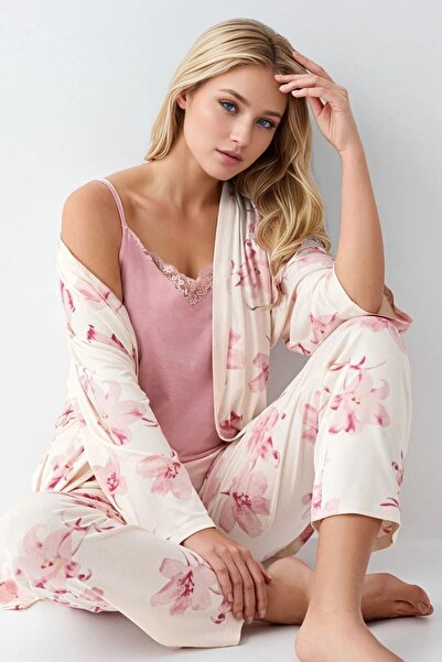Pierre Cardin Kadın Desenli Modal Sabahlık & Pijama Takımı Kutulu Set OL.PC.905.8.001
