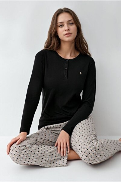 Pierre Cardin Kadın Giyim Düğme Detaylı Modal & Pamuk Uzun Kol 2'li Siyah Pijama Takımı L1.PC.9102.001