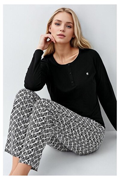 Pierre Cardin Women's Clothing Modal & Cotton Long Sleeve 2-Piece Black Pajama Set Ol.Pc.9069.001