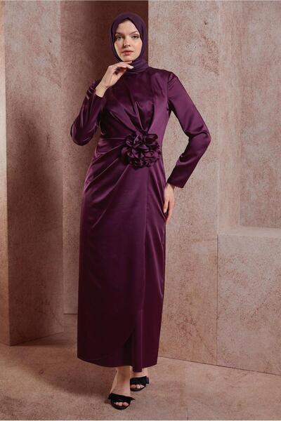 Alvina ÇİÇEK DETAYLI SATEN ELBİSE 44579