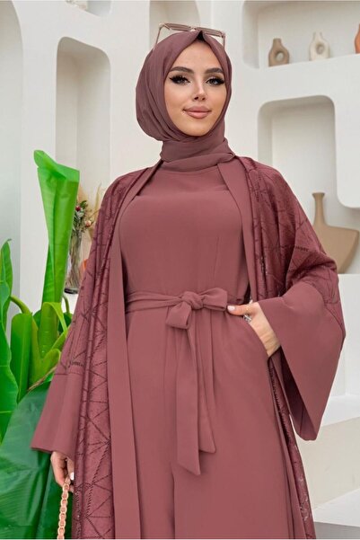 TRENDTESETTÜR Women's Pink (Dried Rose) Lace Detail Double Tulle Suit t 2873