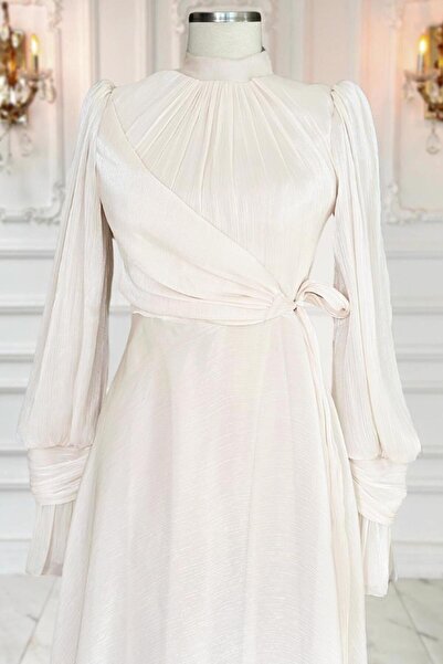 TRENDTESETTÜR KADIN BEJ BAĞLAMA DETAYLI ABİYE ELBİSE T 5163