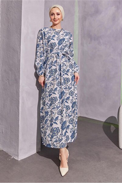 TRENDTESETTÜR KADIN LACİVERT (İNDİGO) KUŞAKLI DESENLİ ELBİSE T 7993