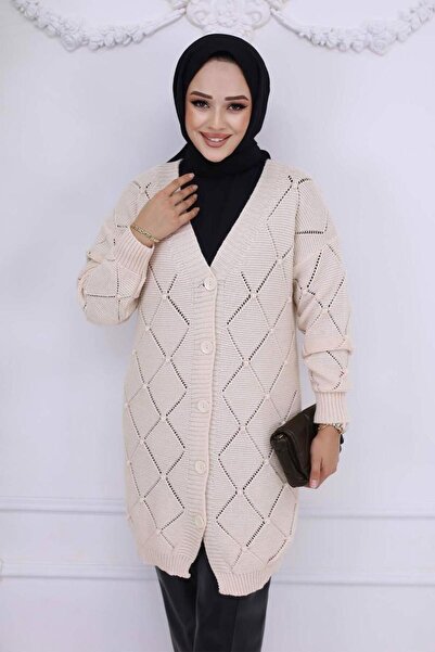 TRENDTESETTÜR Women's Beige (Stone) Baklava Patterned Cardigan t 904