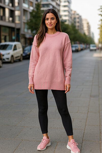 KOZİA OUTDOORS Oversize Rahat Kalıp Pembe Bisiklet Yaka Triko Kazak