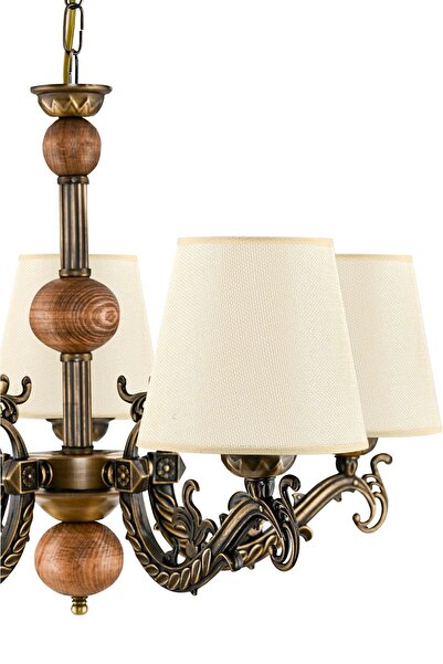 DEDE BEŞ KOLLU AHŞAPLI ESKİTME ELBE DÖKÜM ZAMAK AVİZE KREM ŞAPKALI