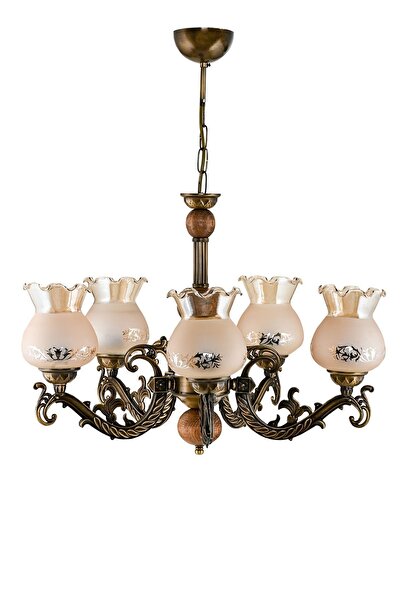 DEDE BEŞ KOLLU AHŞAPLI ESKİTME ELBE ZAMAK AVİZE BAL RENGİ CAMLI