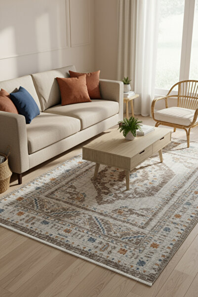 Cool Halı Belina Krem Vizon Salon Halısı Otantik Eskitme Desen Klasik Göbekli Vintage Bukle Oturma Odası Halı
