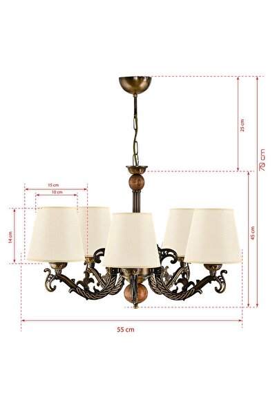 DEDE BEŞ KOLLU AHŞAPLI ESKİTME ELBE DÖKÜM ZAMAK AVİZE KREM ŞAPKALI