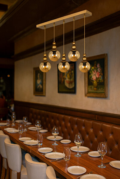 VENON Kardan Adam 5li Sıralı Sarkıt Yemek Masası Üstü ESKİTME BAL Glop Camlı Salon Avizesi