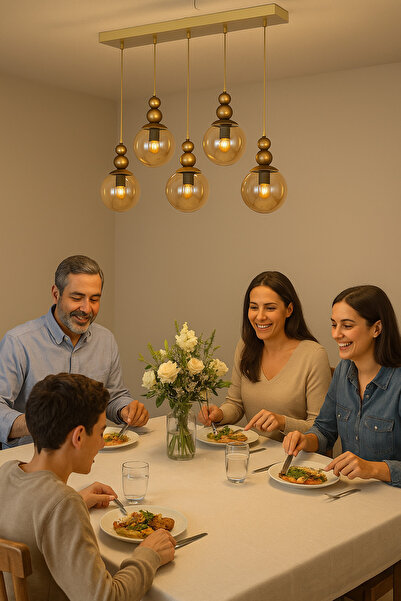 VENON Kardan Adam 5li Sıralı Sarkıt Yemek Masası Üstü ESKİTME BAL Glop Camlı Salon Avizesi