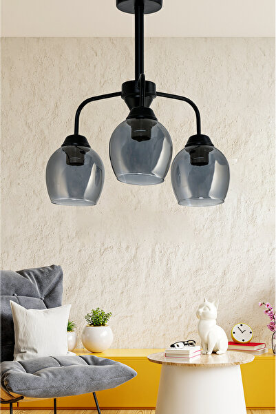 DEDE ÜÇLÜ PLAFONYER TAVAN SİYAH AVİZE CAMLI