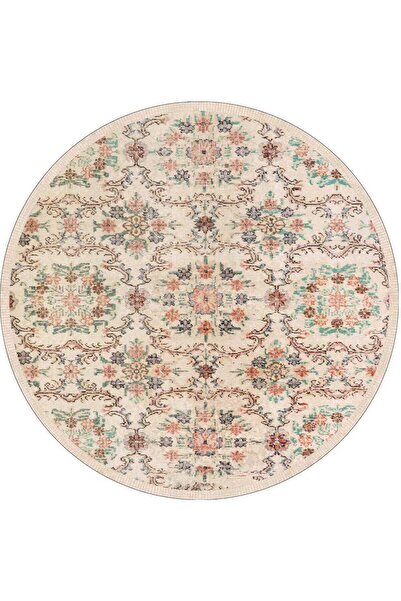Frenda Vintage Desen Pamuk Taban Yıkanabilir Yuvarlak Halı Krem
