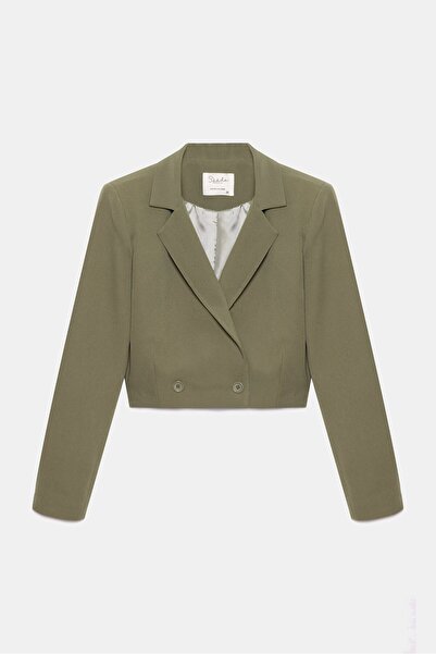 Saade Haki Kadın Regular Fit Kruvaze Kapama Dokuma Crop Blazer Ceket -Şık & Spor