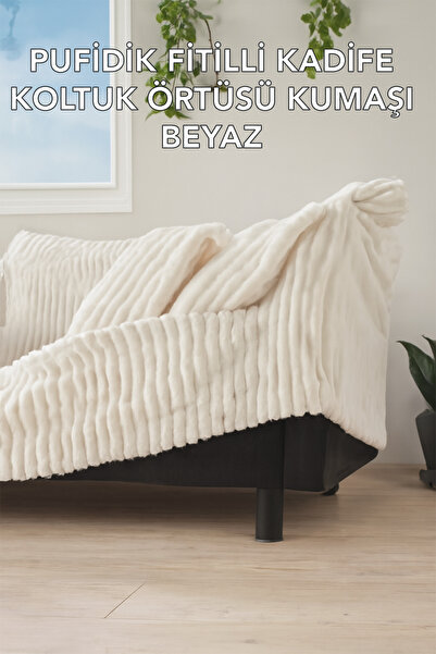 B'Dekor Koltuk Örtüsü Kumaşı Fitilli Kadife Kedi Köpek Dostu Beyaz Renk