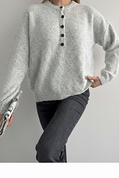 My Blog Grauer Strickpullover mit Rundhalsausschnitt und Knöpfen – 2464