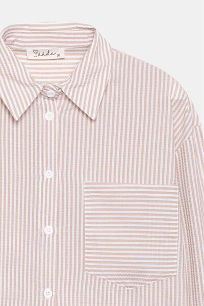 Saade Cămașă crop țesută cu o singură buzunară, cu dungi, bej, pentru femei - manșete albe
