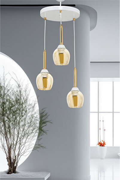 DEDE ÜÇLÜ MANDARİN SARKIT AVİZE BAL RENGİ CAMLI GOLD BORULU